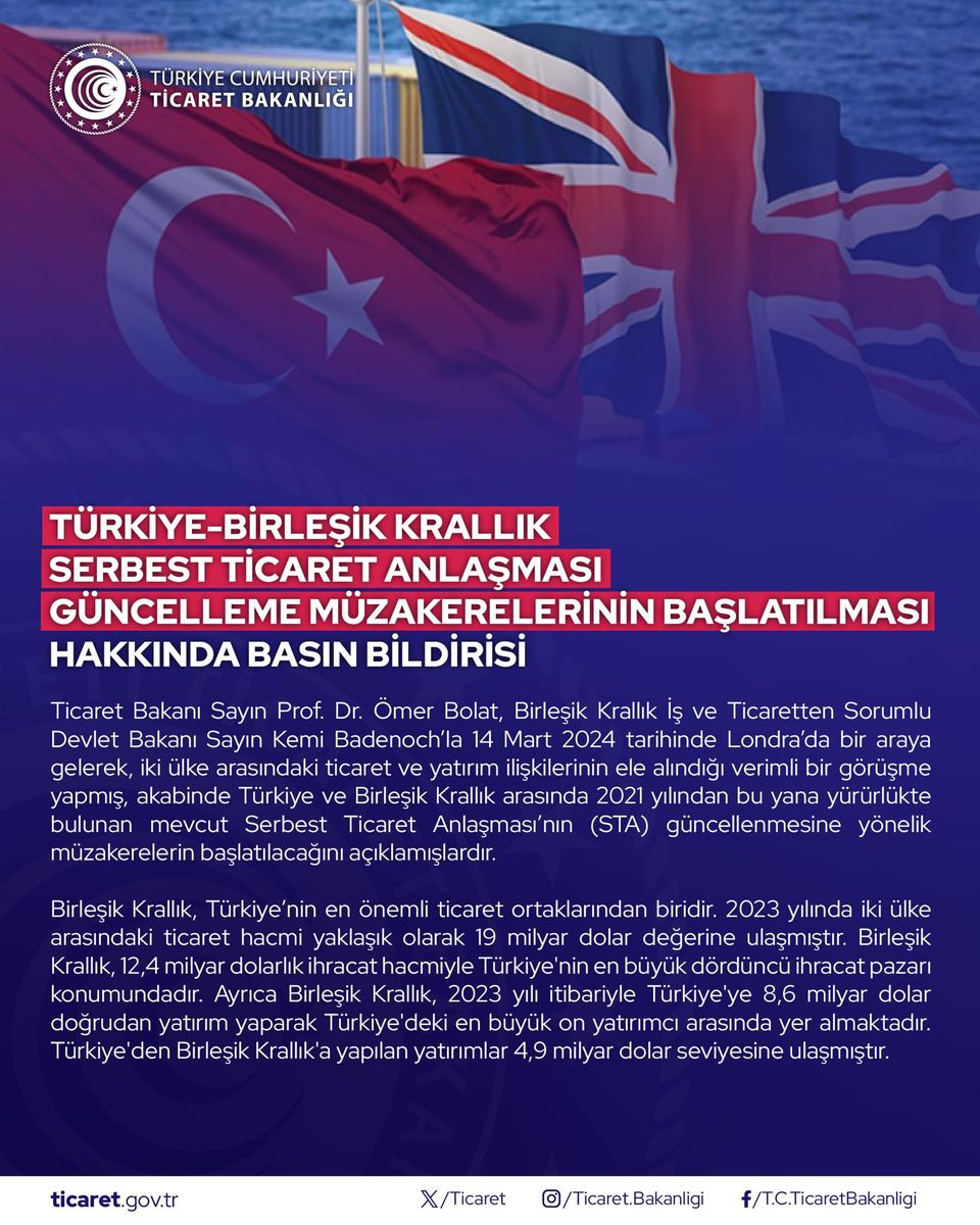 Türkiye ve Birleşik Krallık arasında Serbest Ticaret Anlaşması güncelleme süreci başladı
