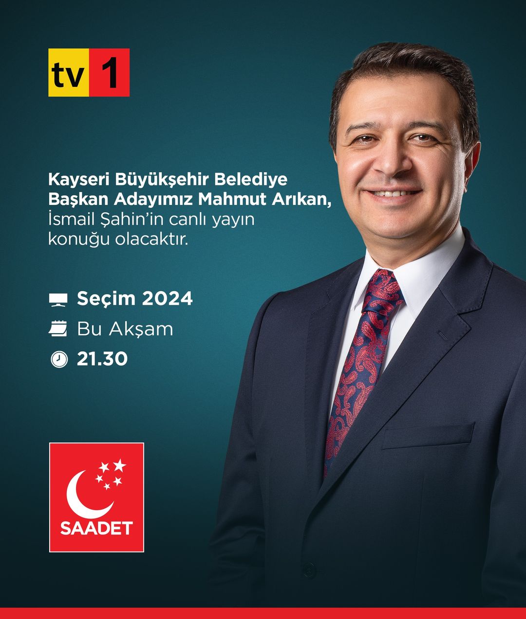 Saadet Partisi adayı Mahmut Arıkan, Kayseri'deki politikalarını ve vizyonunu paylaşmak için televizyon programına konuk olacak.