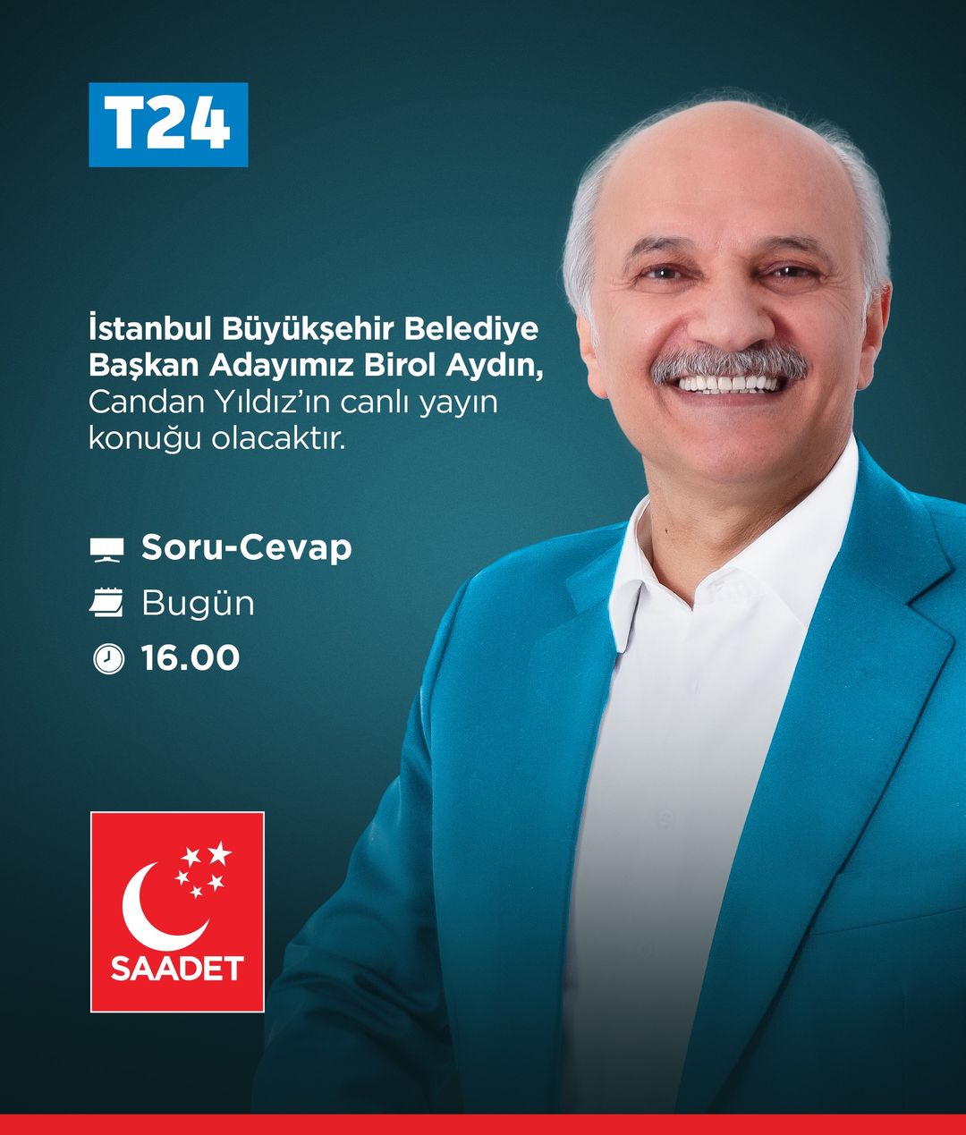 Saadet Partisi İstanbul Büyükşehir Belediye Başkan Adayı Birol Aydın, seçim vaatlerini anlatacağı bir televizyon programına katılacak.