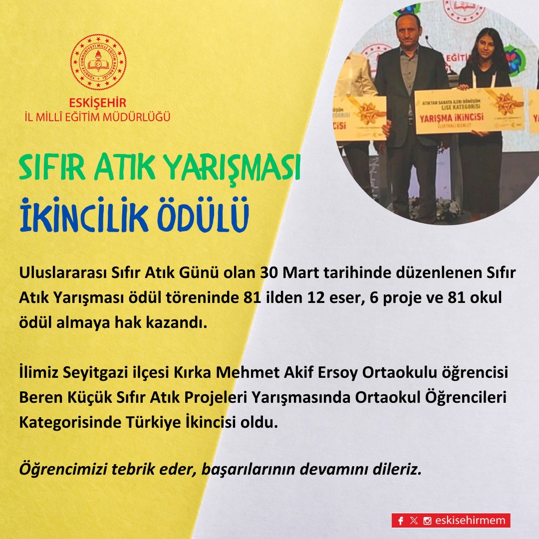 Eskişehirli Öğrenci Beren Küçük Sıfır Atık Projeleri Yarışması'nda Türkiye Derecesine Ulaştı