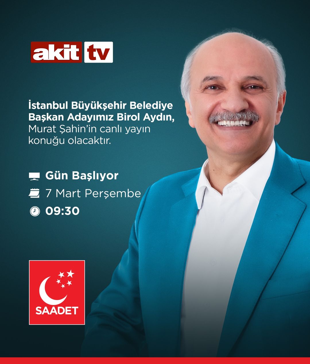 Saadet Partisi adayı Birol Aydın, ‘Gün Başlıyor’ programında İstanbul için projelerini anlatacak.