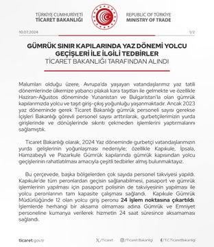 Ticaret Bakanlığı, Yaz Dönemi Yolcu Geçişlerinde Tedbir Alıyor