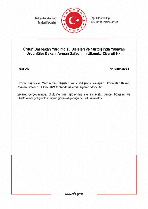 Ürdün Başbakan Yardımcısı Ayman Safadi Türkiye'yi Ziyaret Etti