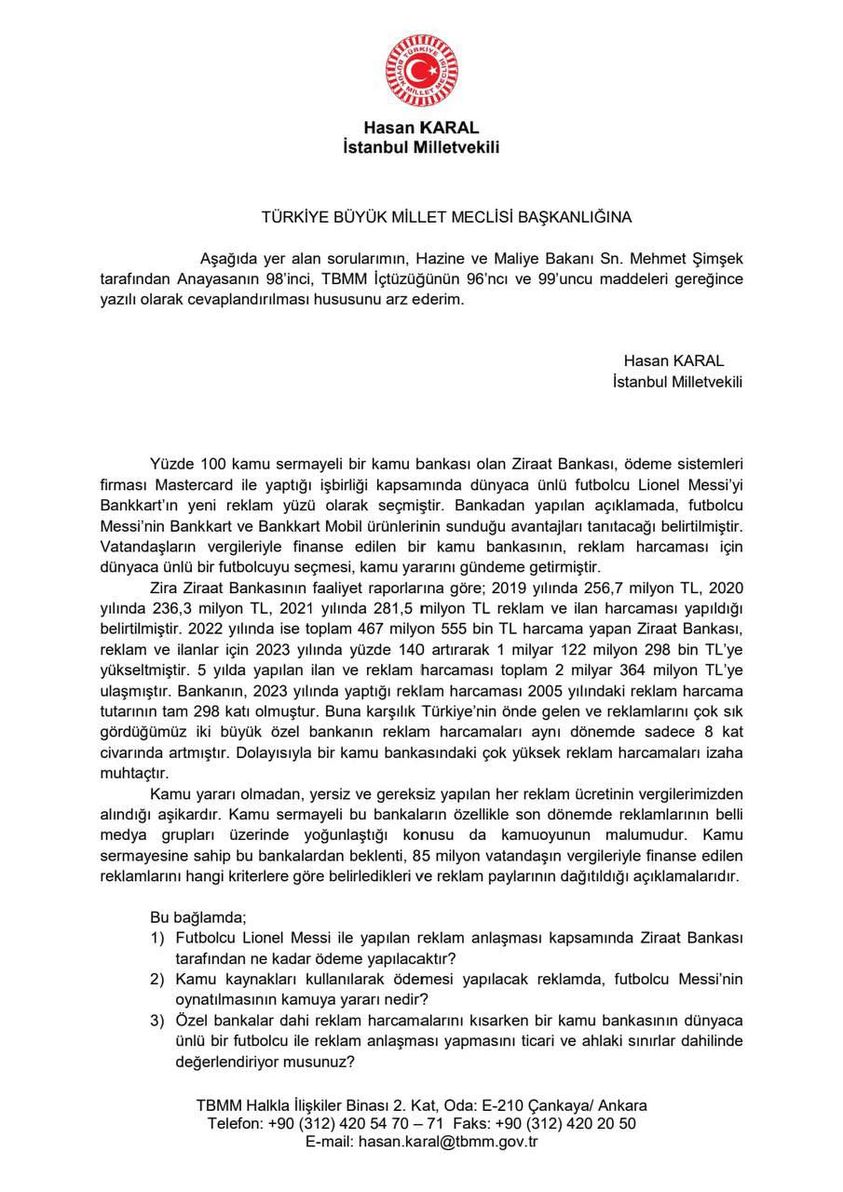 İstanbul Milletvekili, Hazine ve Maliye Bakanı'na Lionel Messi Reklam Anlaşması Hakkında Soru Yöneltti