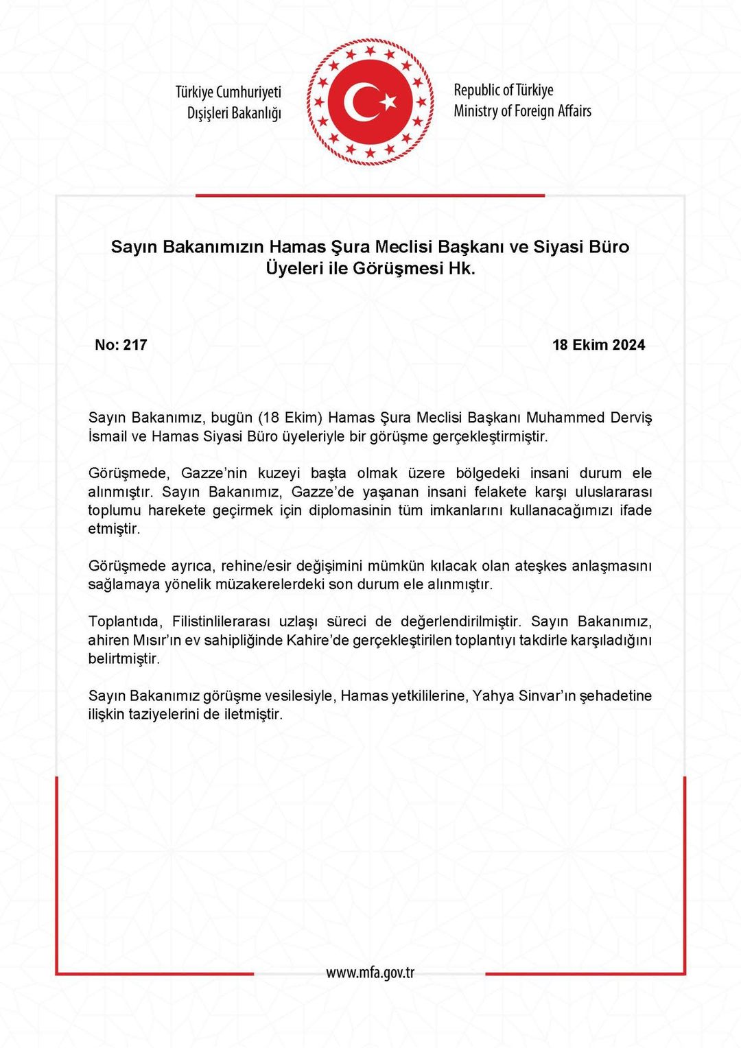 Türkiye Dışişleri Bakanı Hamas Üyeleri ile Görüşme Gerçekleştirdi