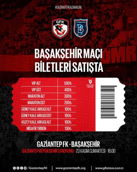 Gaziantep Futbol Kulübü, Başakşehir Maçının Bilet Satışlarına Başladı