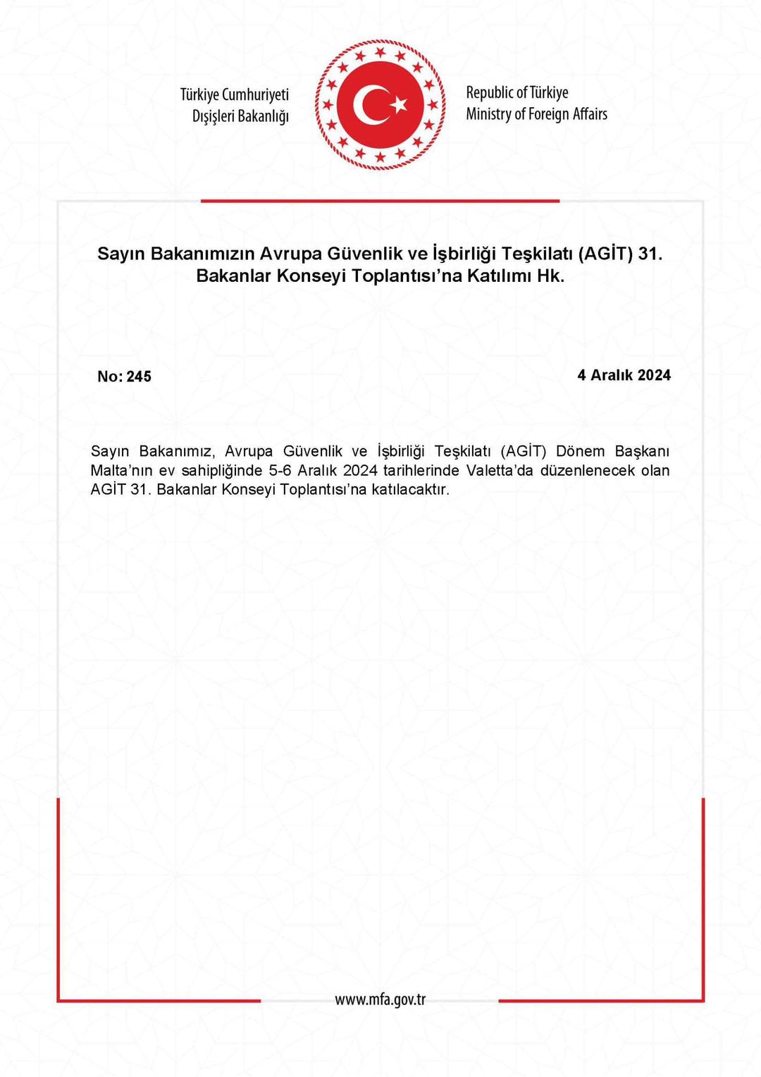 Türkiye Dışişleri Bakanı AGİT Bakanlar Konseyi Toplantısı'na Katıldı