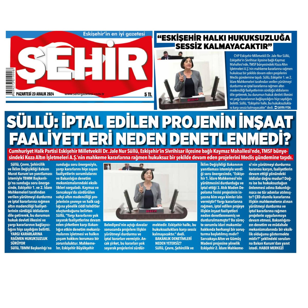 CHP Milletvekili Jale Nur Süllü, Maden Havuzu Projesi Hakkında Meclis Gündemine Taşıdı