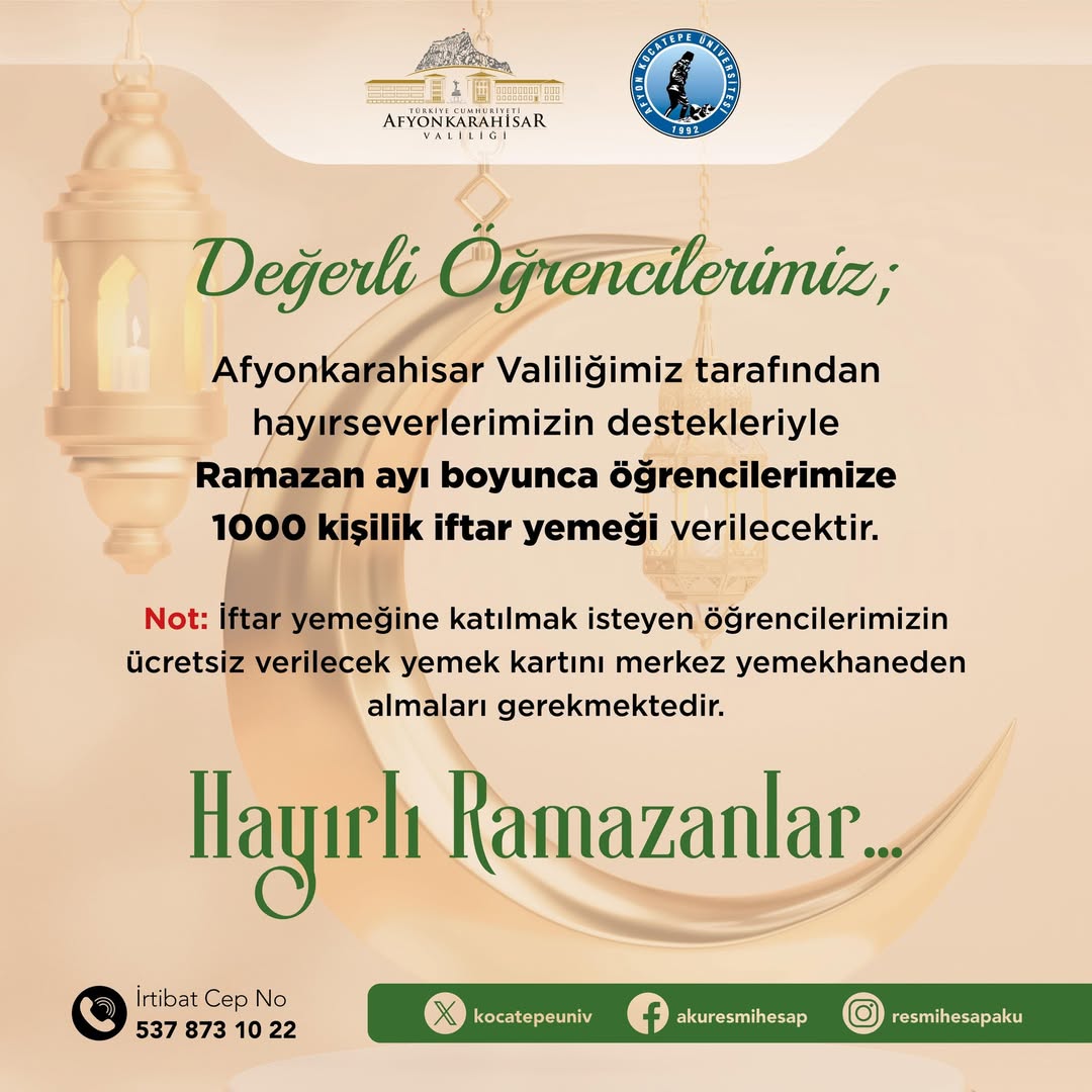 Afyonkarahisar Valiliği'nden Üniversite Öğrencilerine Ramazan Ayında Ücretsiz İftar