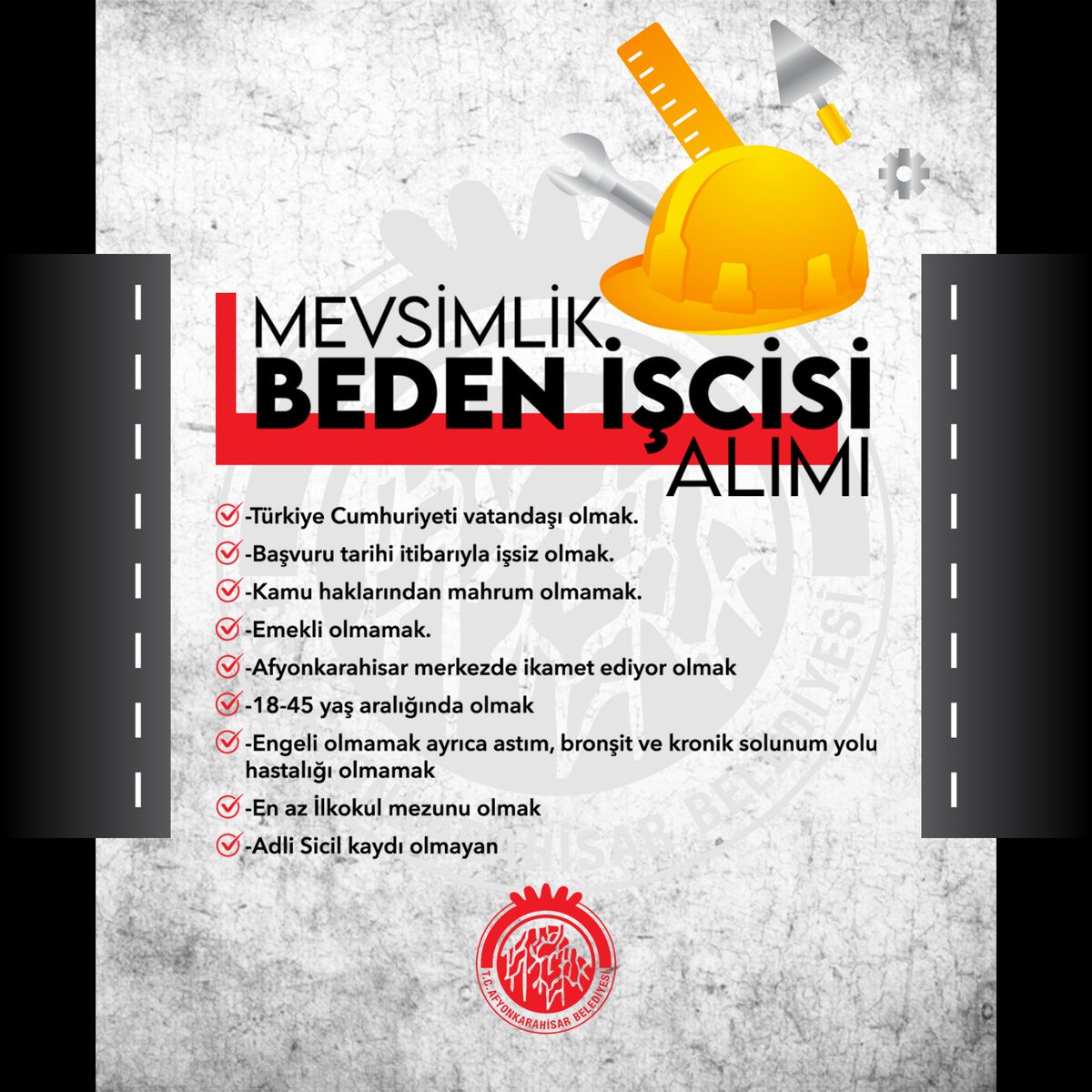 Afyonkarahisar Belediyesi Mevsimlik Beden İşçisi Alımı İlanı