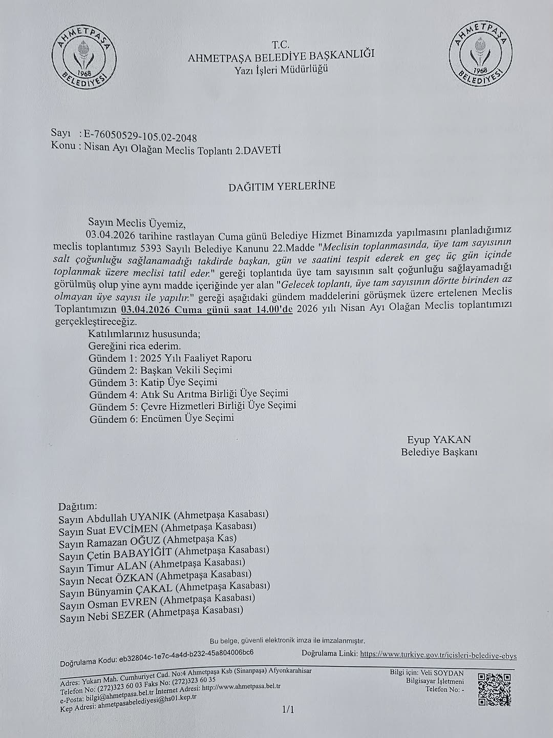 Afyonkarahisar AhmetPaşa Belediyesi Meclis Toplantısı Saat Değişikliği