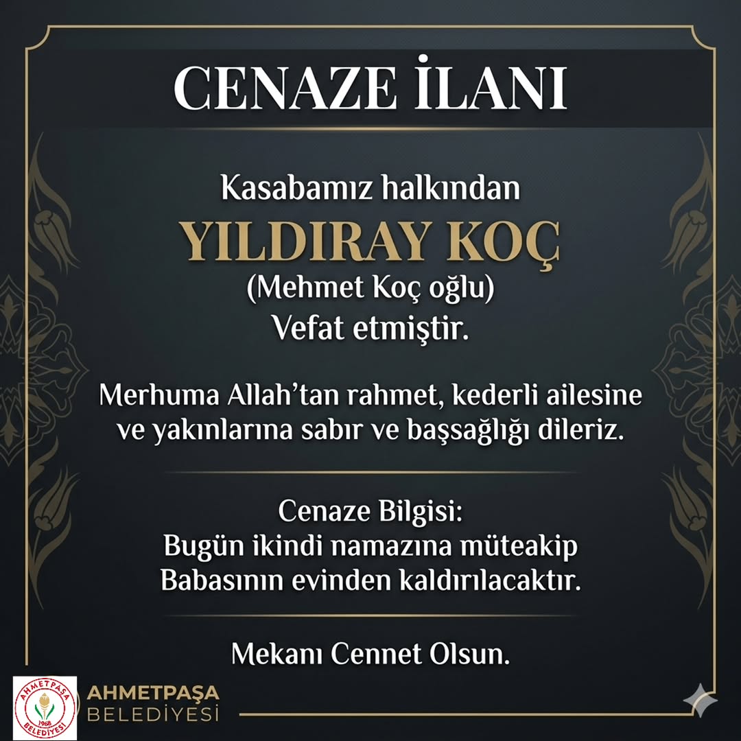 Afyonkarahisar AhmetPaşa Belediyesi'nden Cenaze İlanı Duyurusu