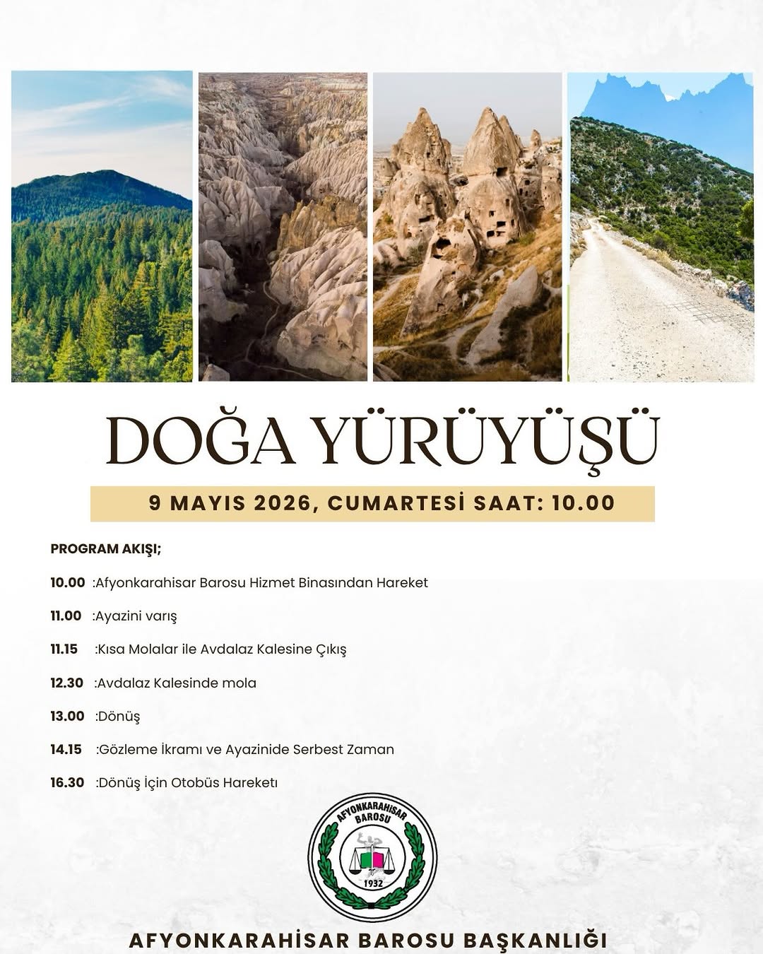 Afyonkarahisar Barosu Doğa Yürüyüşü Programı Duyurusu