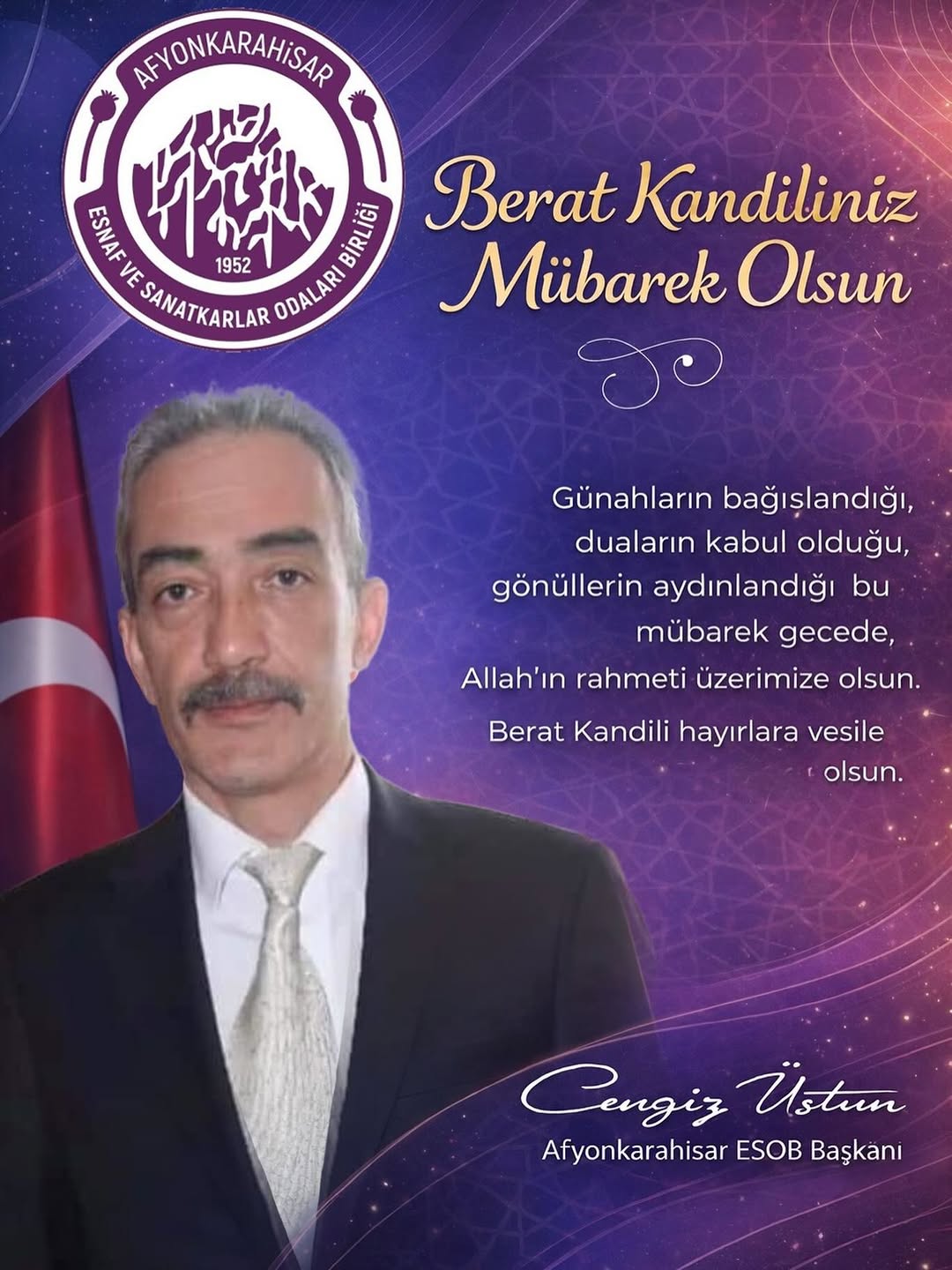 Afyonkarahisar Esnaf ve Sanatkarlar Odaları Birliği'nden Berat Kandili Kutlama Mesajı