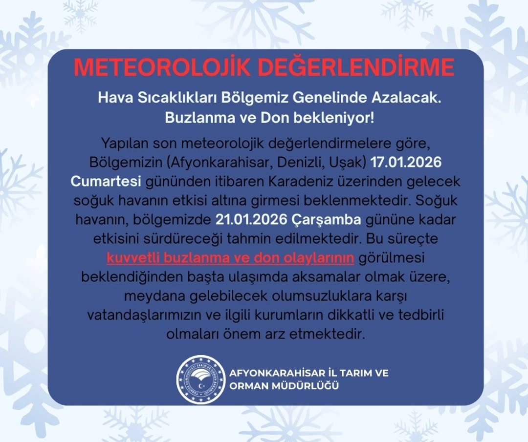 Afyonkarahisar İl Tarım ve Orman Müdürlüğü'nden Meteorolojik Uyarı