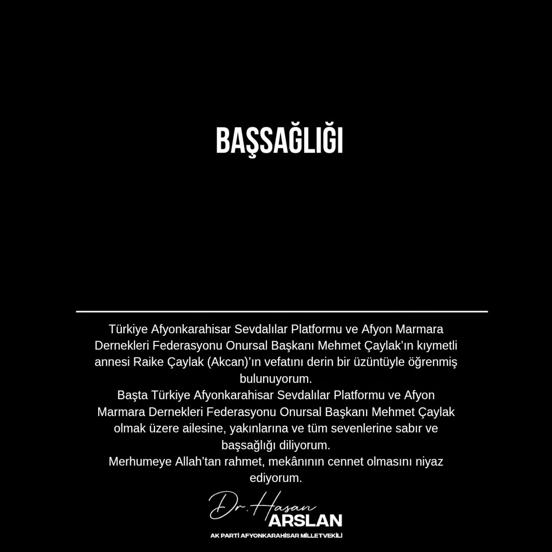 Afyonkarahisar Sevdalılar Platformu ve Afyon Marmara Dernekleri Federasyonu Onursal Başkanı Mehmet Çaylak'ın Acı Kaybı