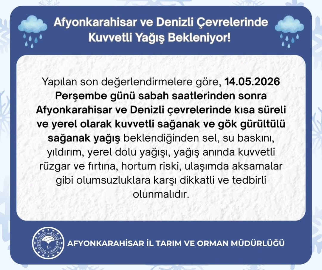 Afyonkarahisar ve Denizli Çevresinde Kuvvetli Yağış Bekleniyor