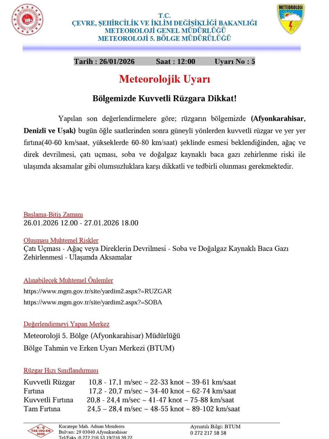 Afyonkarahisar ve Denizli İçin Meteorolojik Uyarı: Kuvvetli Rüzgara Dikkat!