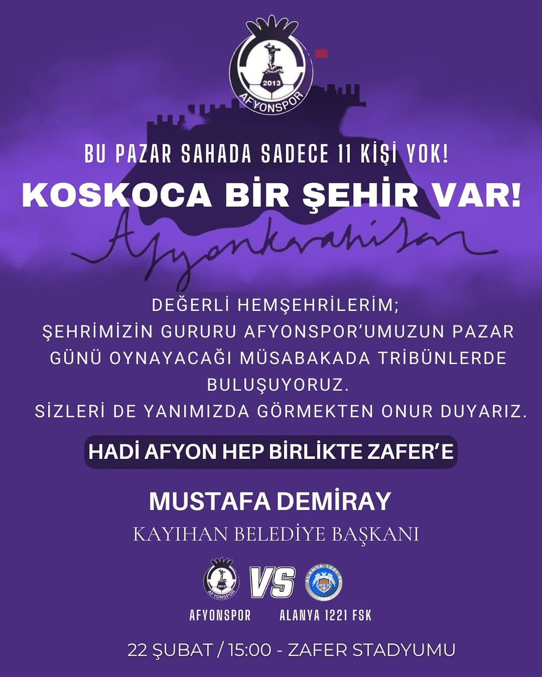 Afyonspor Bu Hafta Sahaya Çıkıyor: Zafer İçin Birlikte Destek Olalım!