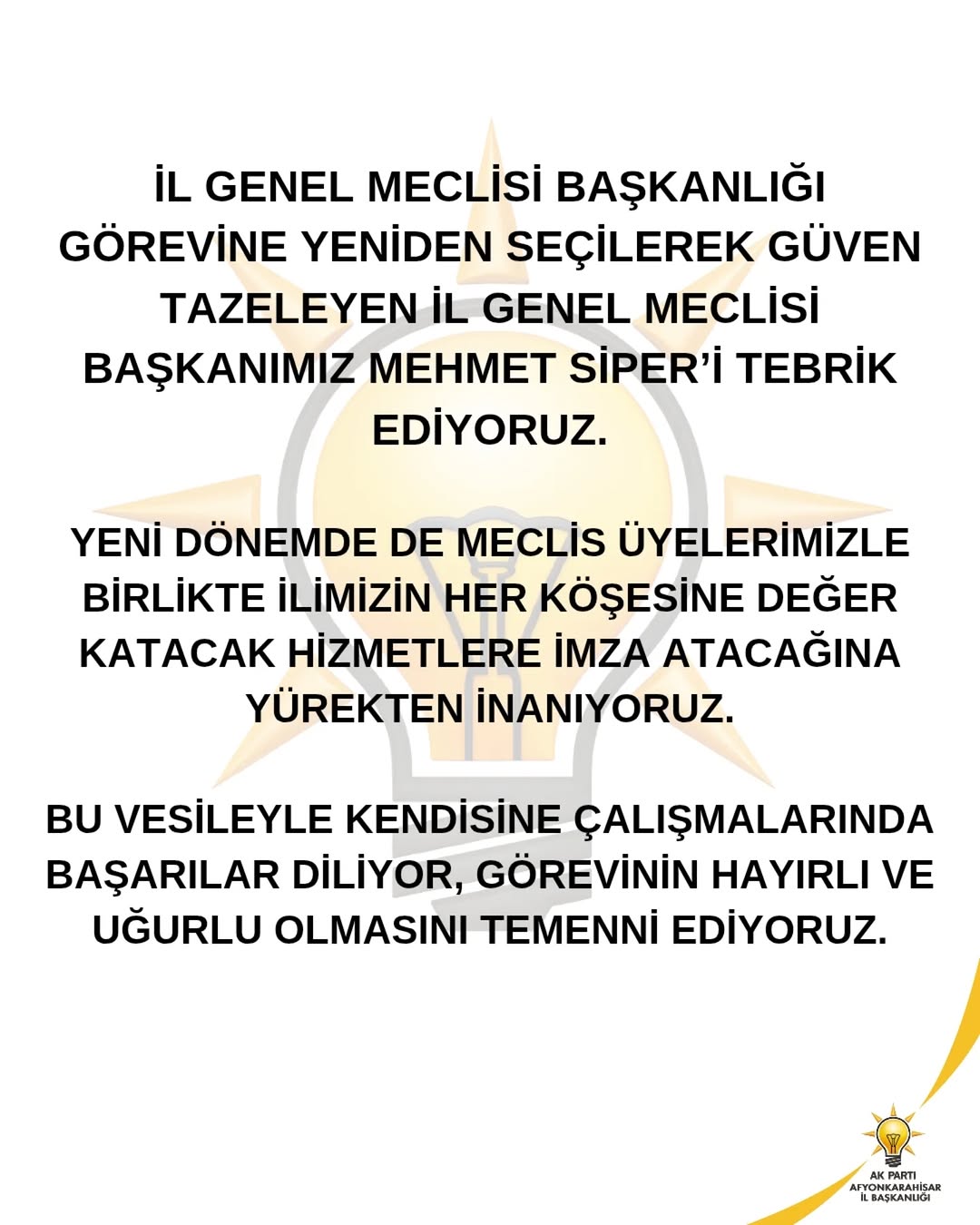 AK Parti Afyonkarahisar İl Başkanlığı'ndan Mehmet Siper'e Tebrik