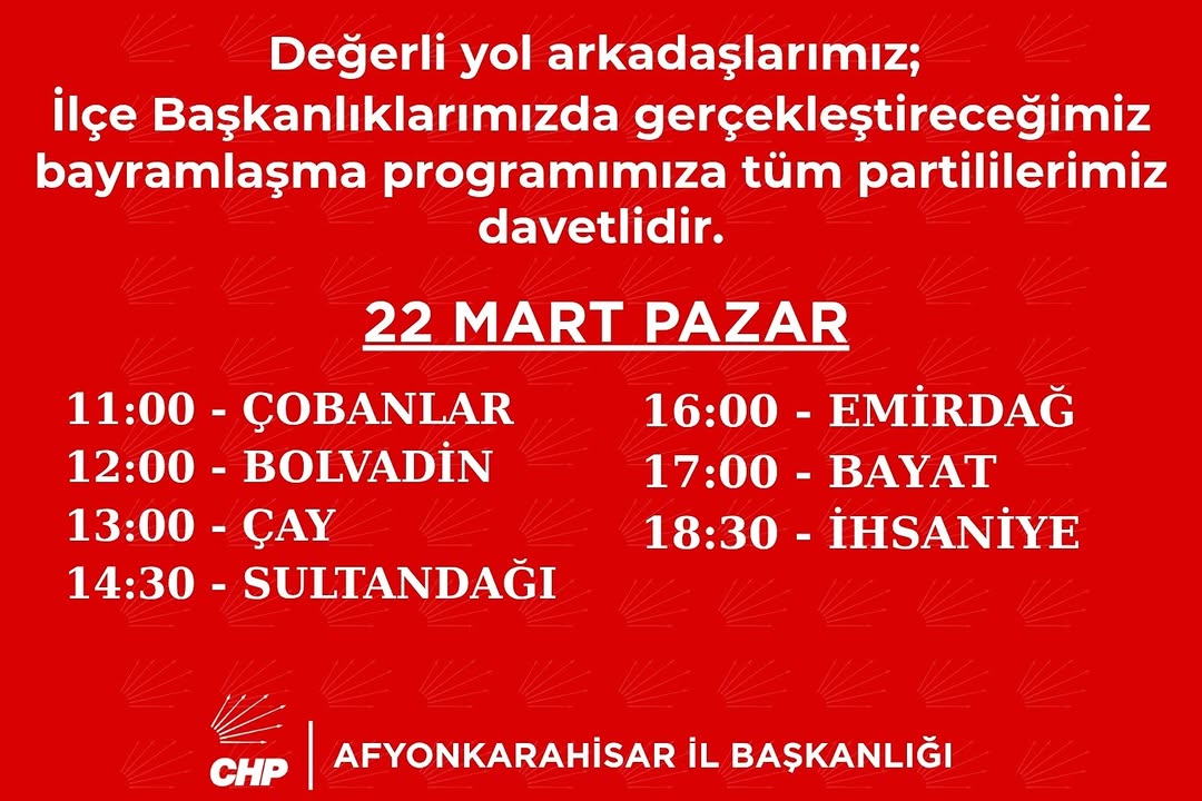 CHP Afyonkarahisar İl Başkanlığı'ndan Davet: Bayramlaşma Programına Davet