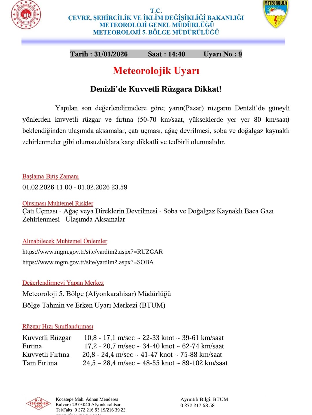 Denizli'de Kuvvetli Rüzgara Dikkat! - Meteorolojik Uyarı