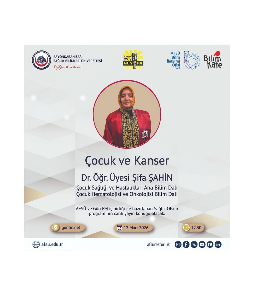 Dr.Öğr.Üyesi Şifa ŞAHİN Afyon Gün FM'de Sağlık Olsun Programına Konuk Olacak