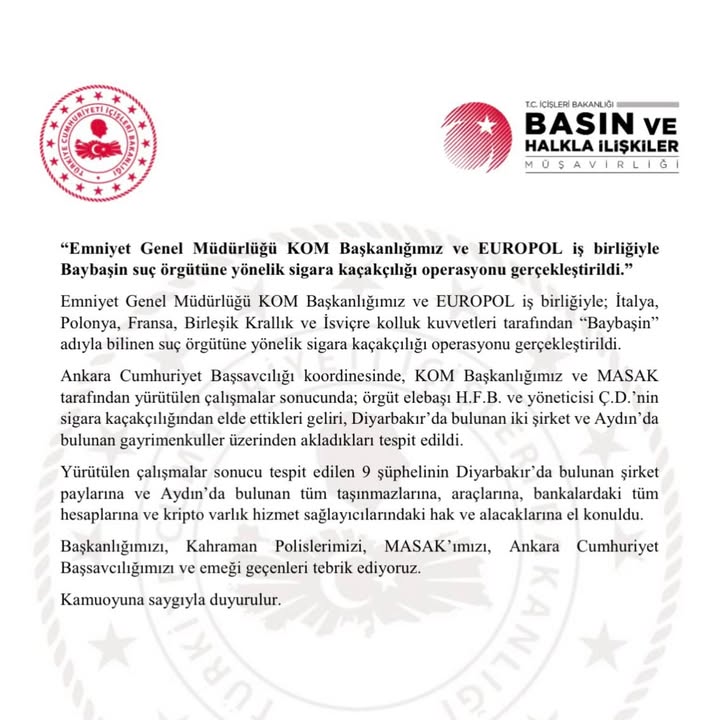 Emniyet Genel Müdürlüğü ve EUROPOL 'Baybaşin' Suç Örgütüne Operasyon Düzenledi