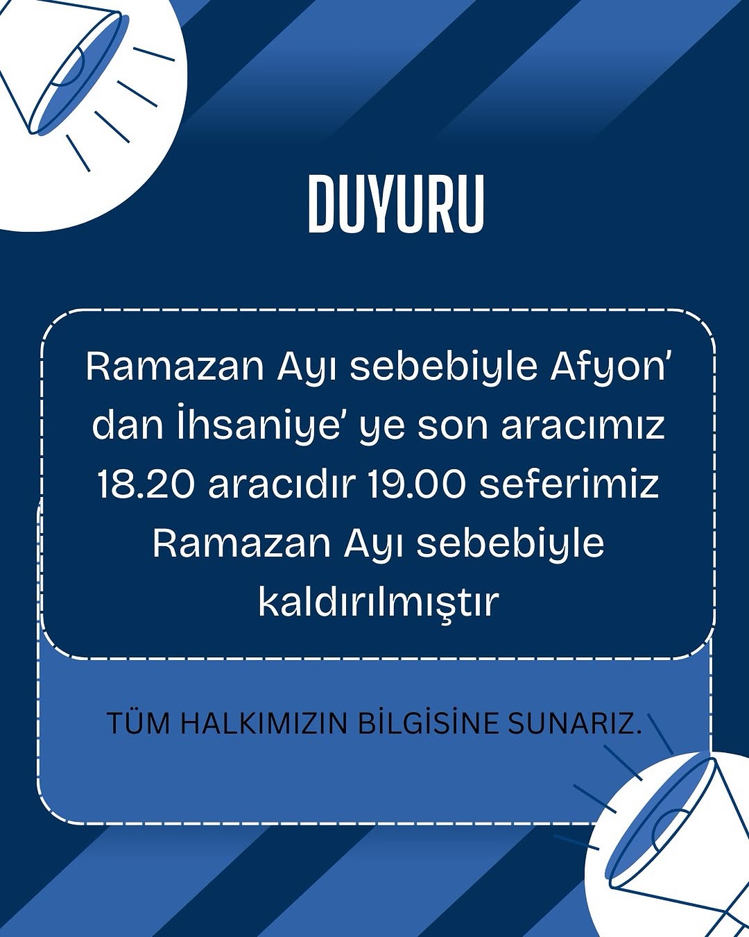 İhsaniye Belediyesi Taşıma Şirketi Ramazan Ayında Sefer Saatlerinde Düzenleme Yaptı