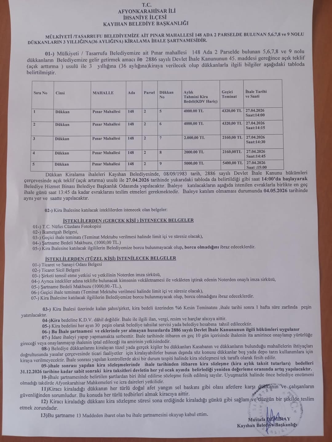 Kayıhan Belediyesi Pınar Mahallesi'nde Dükkan Kiralama İhalesi Duyurusu