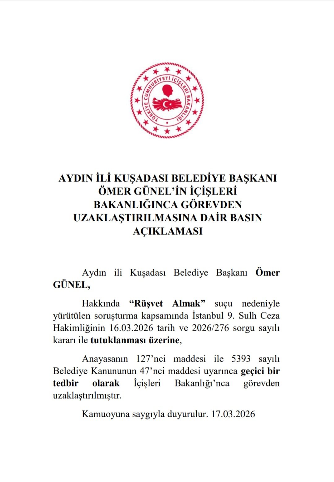 Kuşadası Belediye Başkanı Görevden Alındı