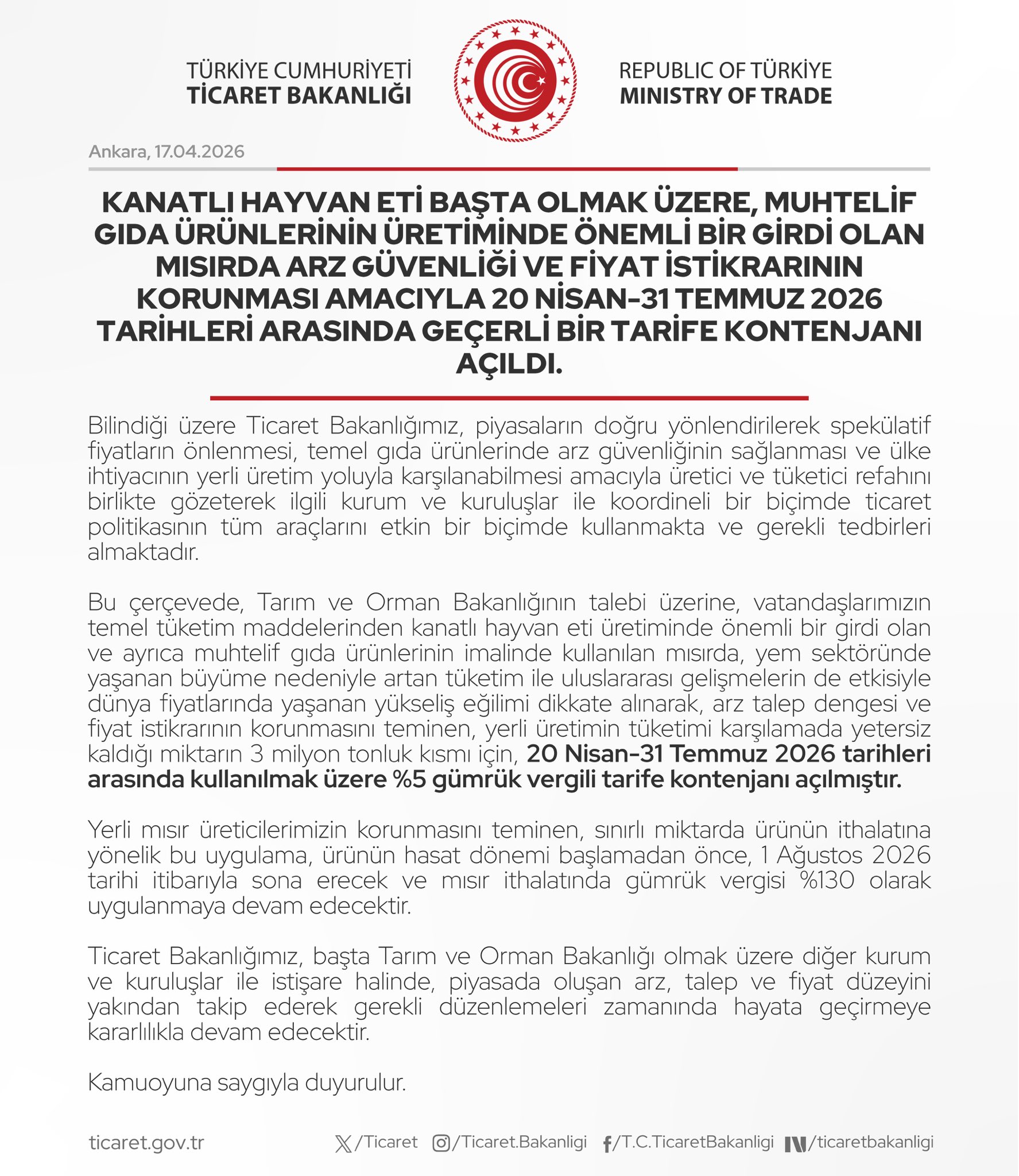 Mısır için yeni tarife kotası ne zaman geçerli?