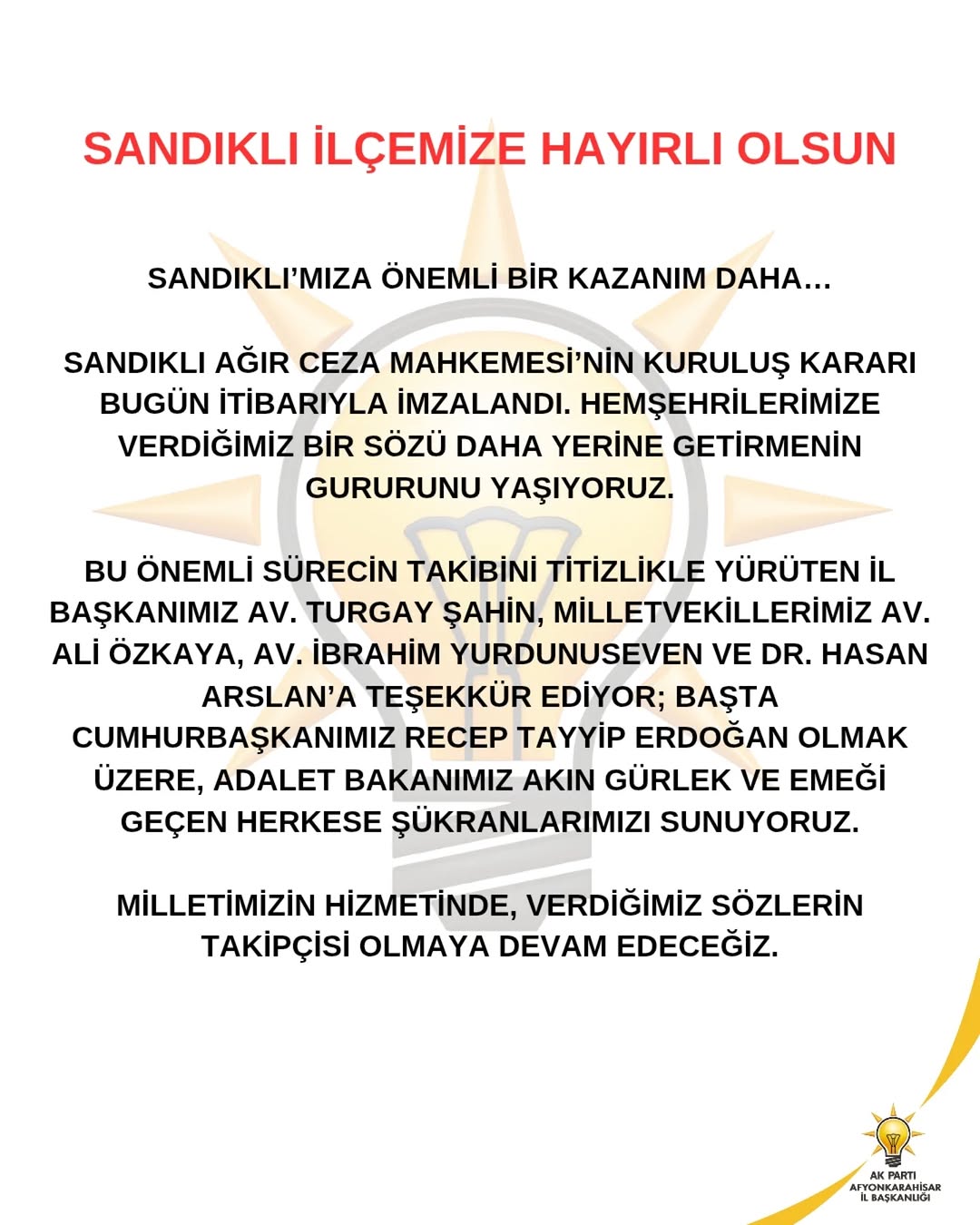 Sandıklı'ya Ağır Ceza Mahkemesi Kuruluş Kararı İmzalandı