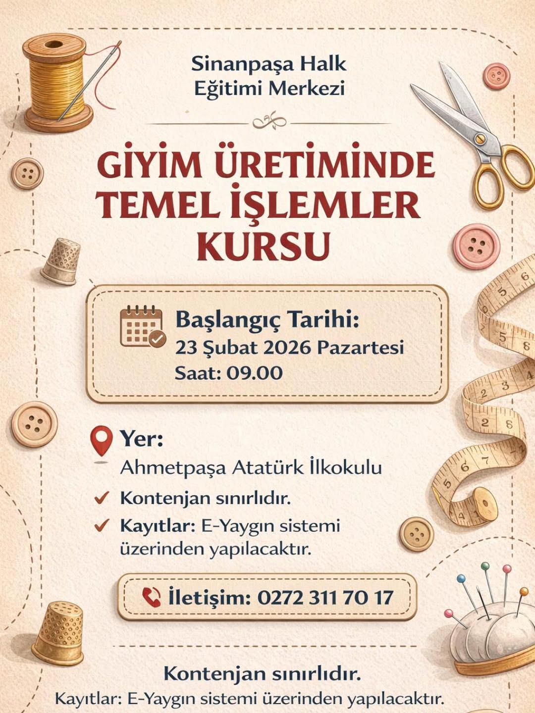 Sinanpaşa Halk Eğitimi Merkezi Müdürlüğünden Kurs Duyurusu