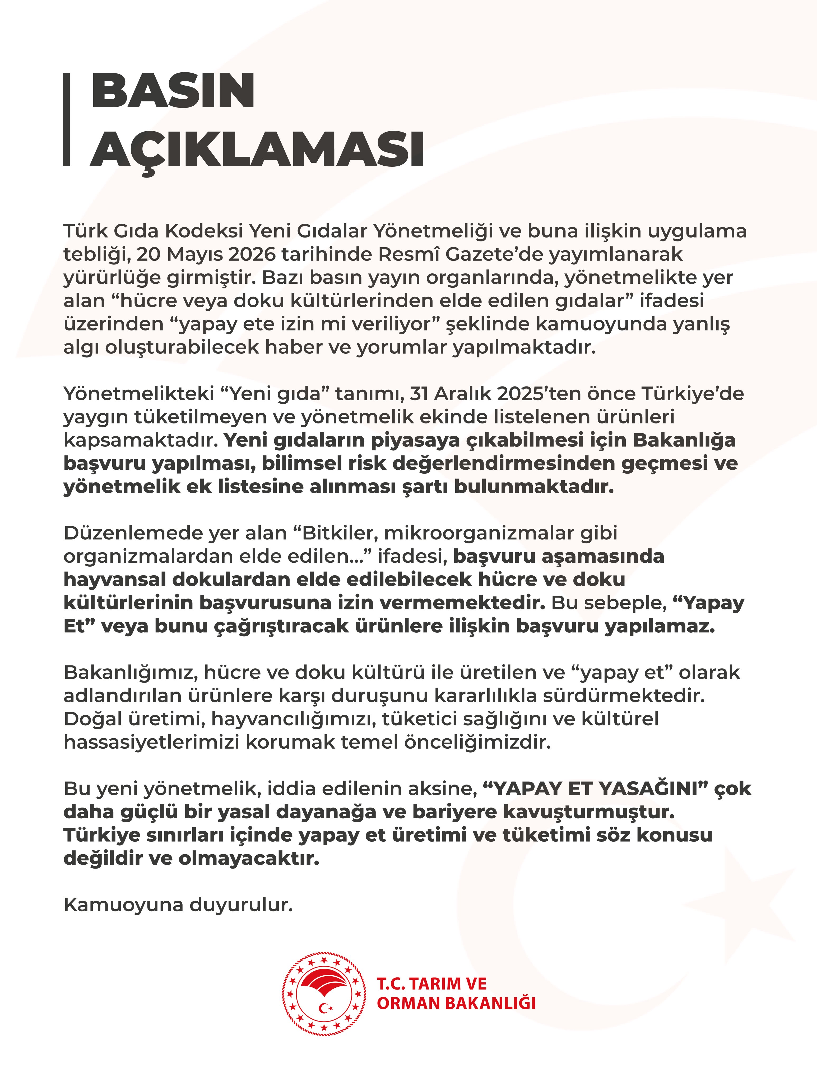 Yapay Et İddialarına İlişkin Basın Açıklaması