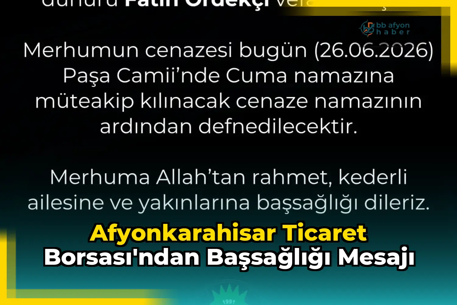 Afyonkarahisar Ticaret Borsası'ndan Başsağlığı Mesajı