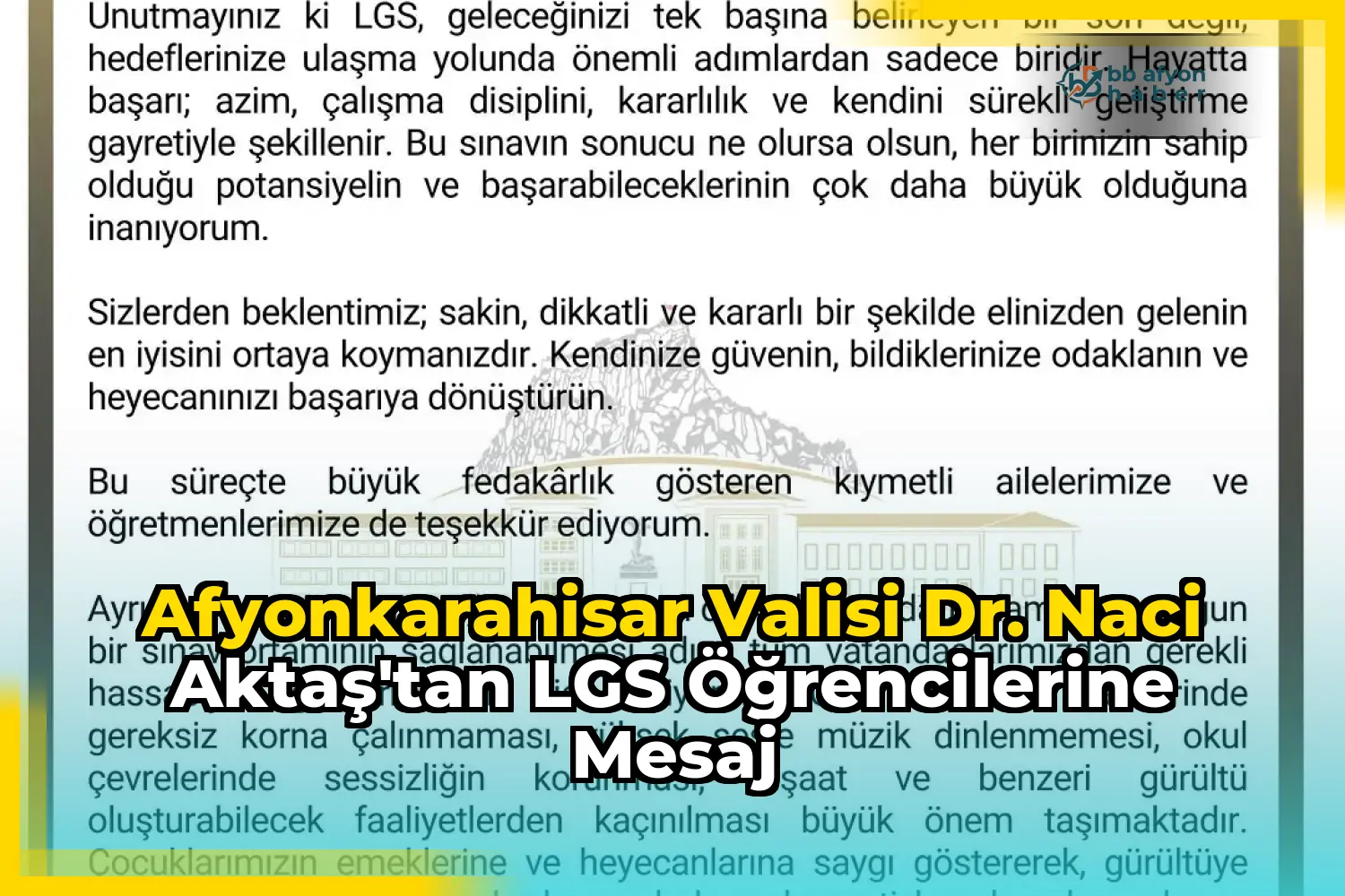 Afyonkarahisar Valisi Dr. Naci Aktaş'tan LGS Öğrencilerine Mesaj