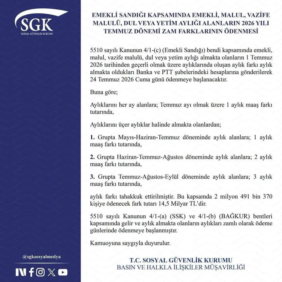 4C (Emekli Sandığı) Kapsamında Emekli ve Hak Sahiplerine 2026 Yılı Temmuz Dönemi Zam Farkları Ödenecek
