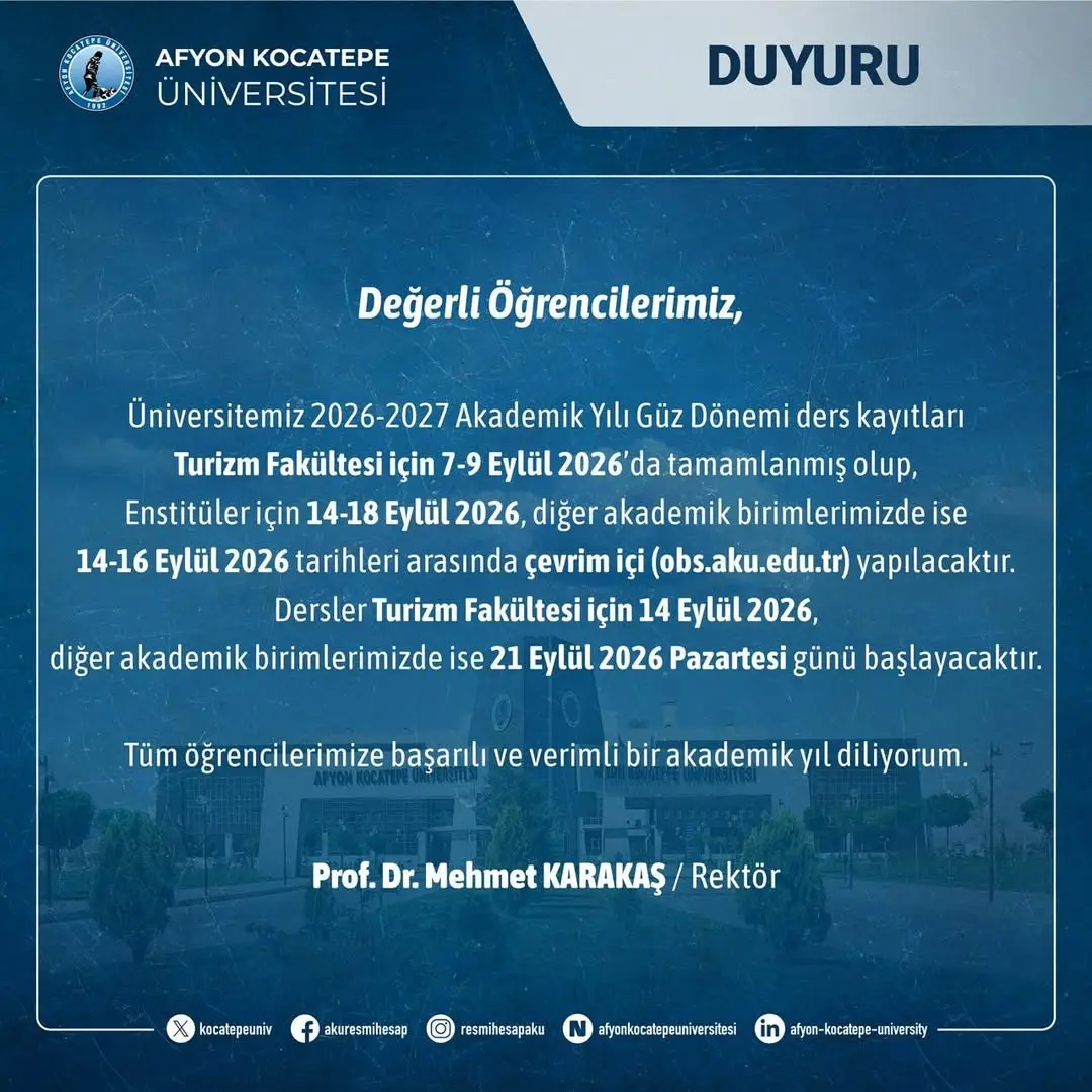 Afyon Kocatepe Üniversitesi'nden Önemli Duyuru: 2026-2027 Akademik Yılı Güz Dönemi Ders Kayıtları ve Kayıt Yenilemeleri