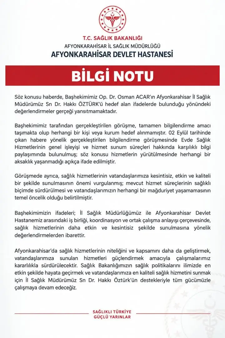 Afyonkarahisar Devlet Hastanesi'nden Açıklama: Bilgi Notu