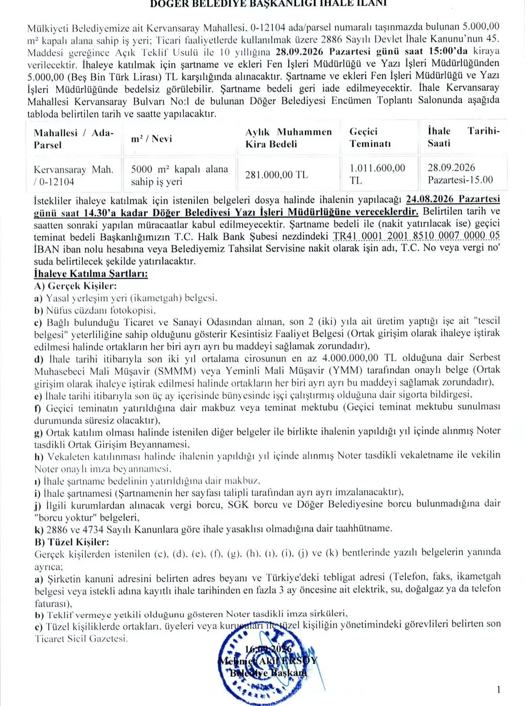 Döğer Belediye Başkanlığından Kiralık İş Yeri İhalesi