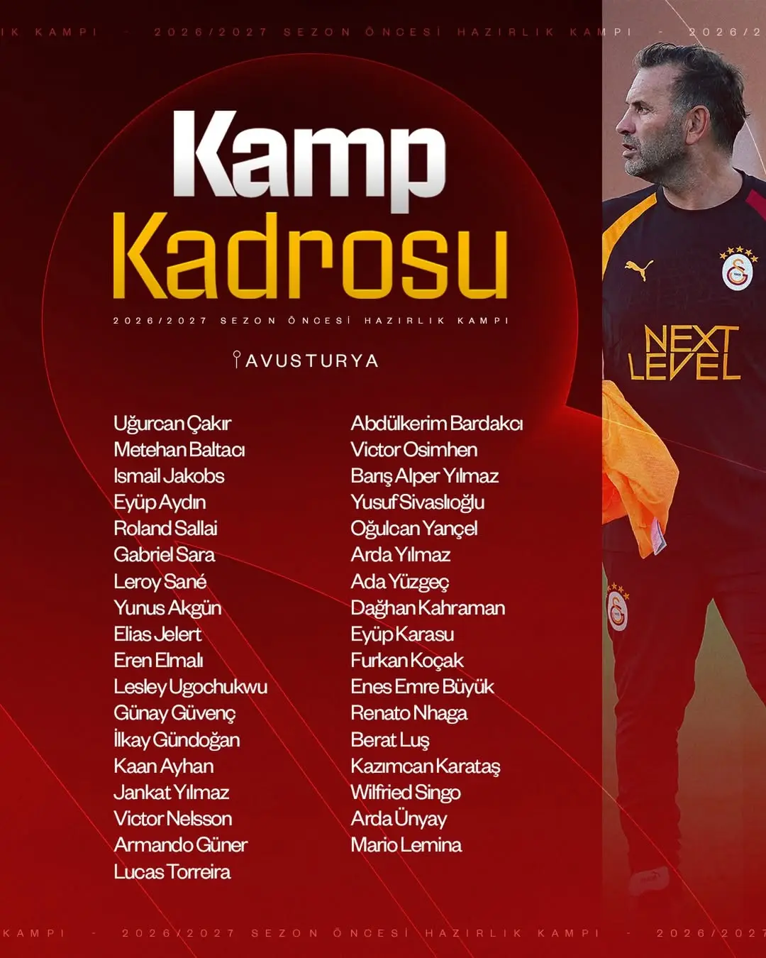 Galatasaray Spor Kulübü 2026/2027 Sezonu Öncesi Avusturya Etabı Kamp Kadrosunu Açıkladı