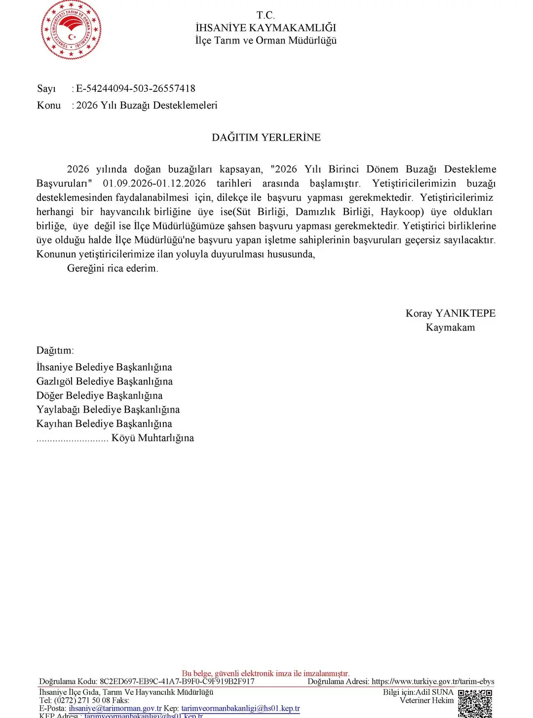 İHSANİYE KAYMAKAMLIĞI'ndan Buzağı Destekleme Başvuru Duyurusu