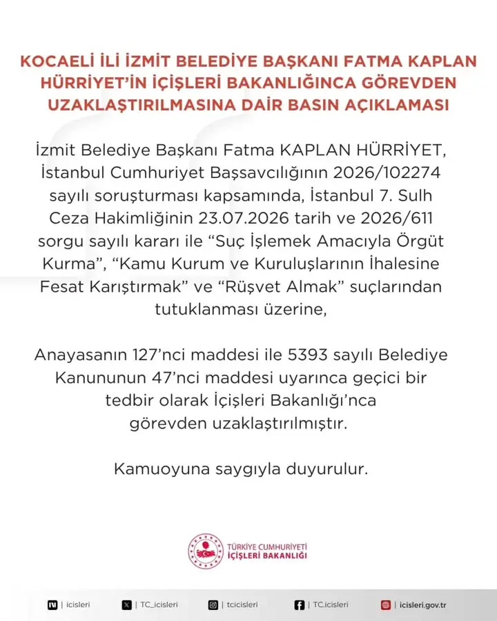İzmit Belediye Başkanı Fatma Kaplan Hürrüyet İçişleri Bakanlığı Tarafından Görevden Uzaklaştırıldı