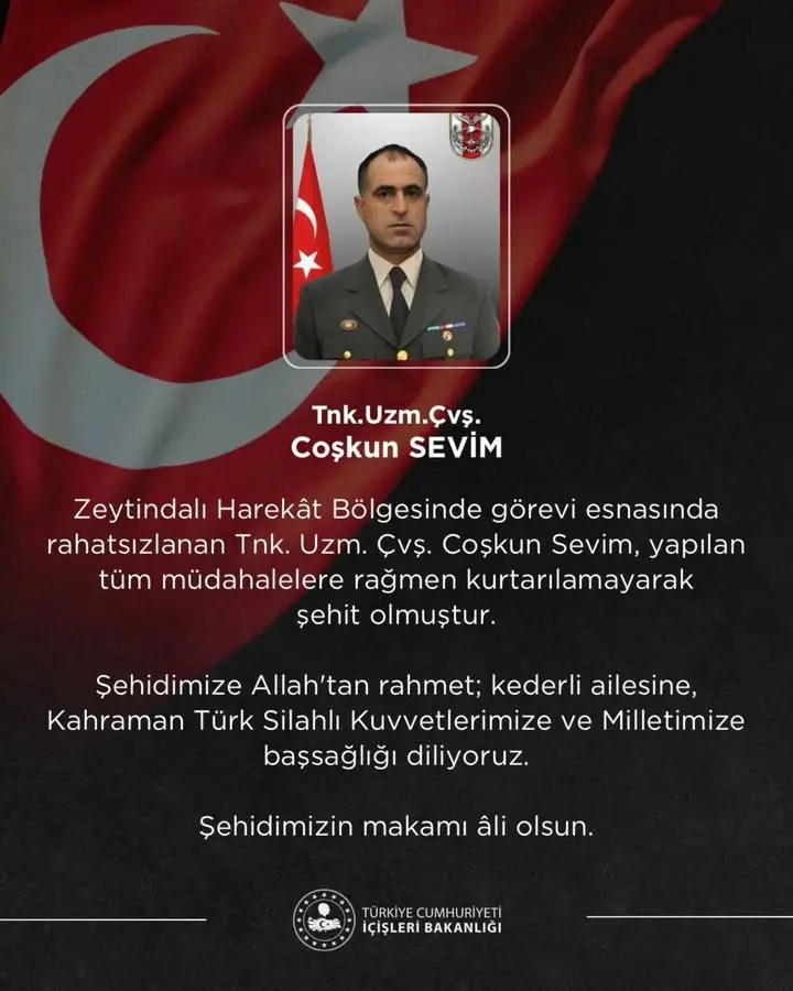 Türkiye Cumhuriyeti İçişleri Bakanlığı'ndan başsağlığı mesajı